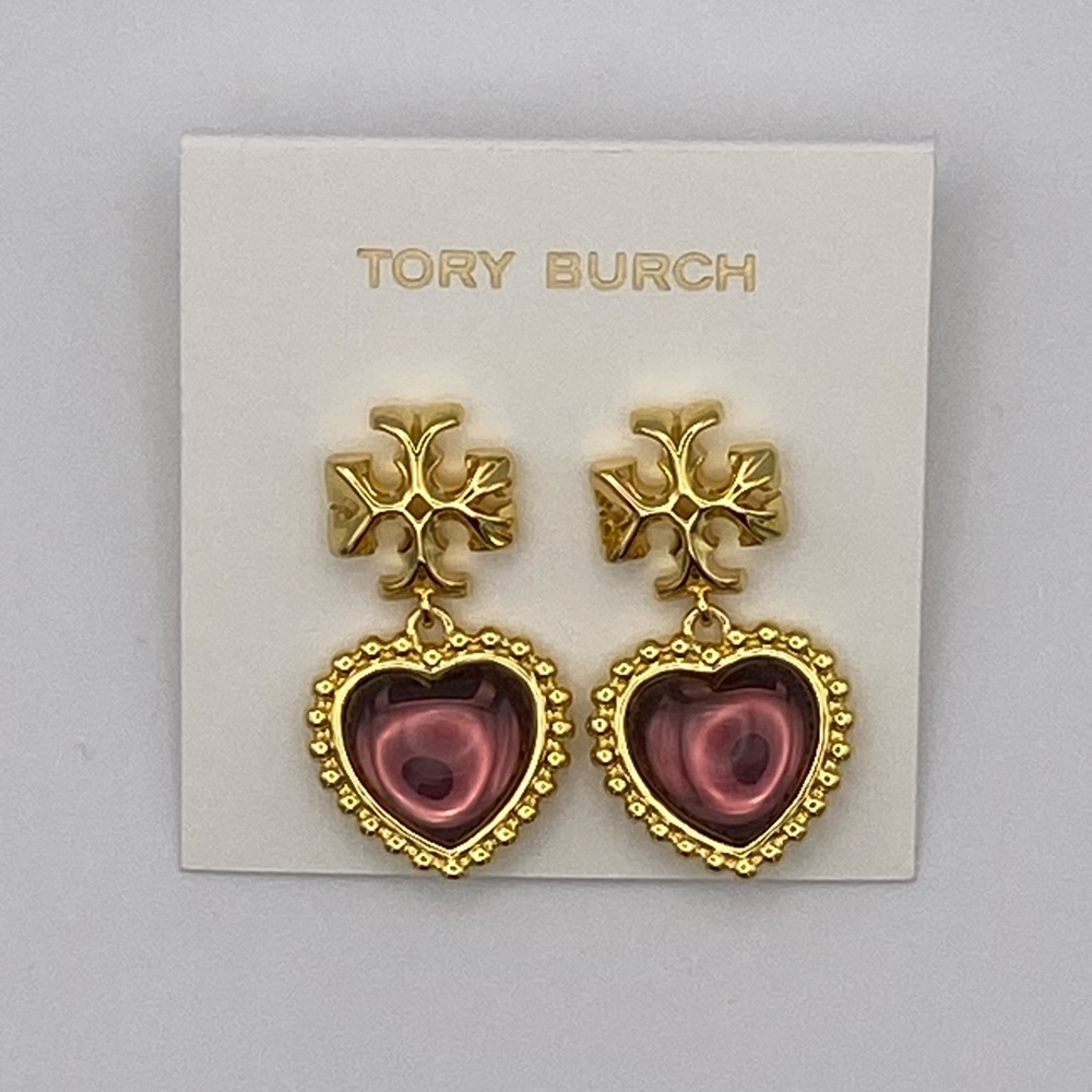 Tory Burch Roxanne heart drop earrings - gold tone and w purple heart - Picture 2 of 4